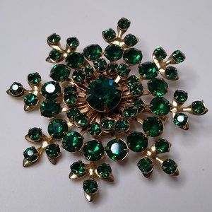 Vintage Metal And Green Glass Large Snowflake Shaped Brooch